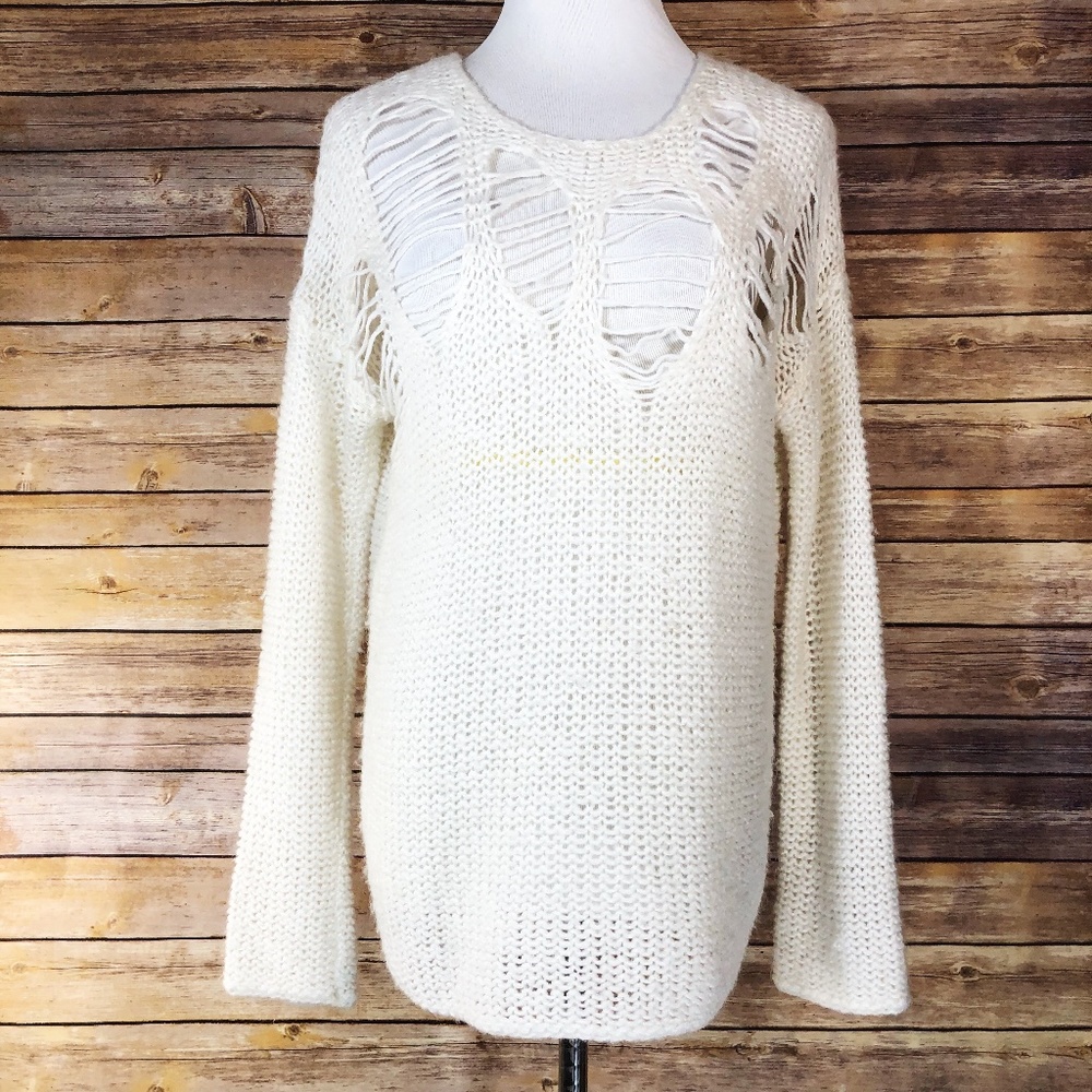 John + Jenn Destructed Cream Crewneck Sweater - Picture 1 of 7